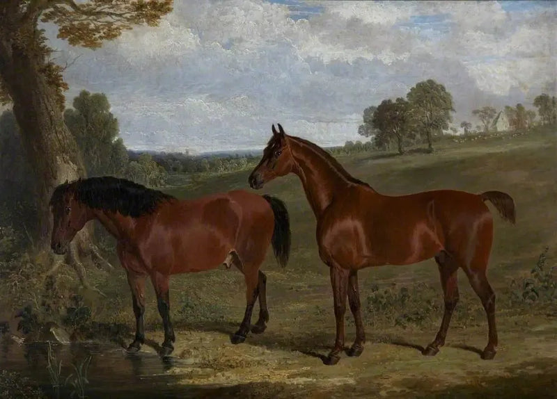Ein braunes Pferd und ein Pony in einer Landschaft - John Frederick Herring, Sr.