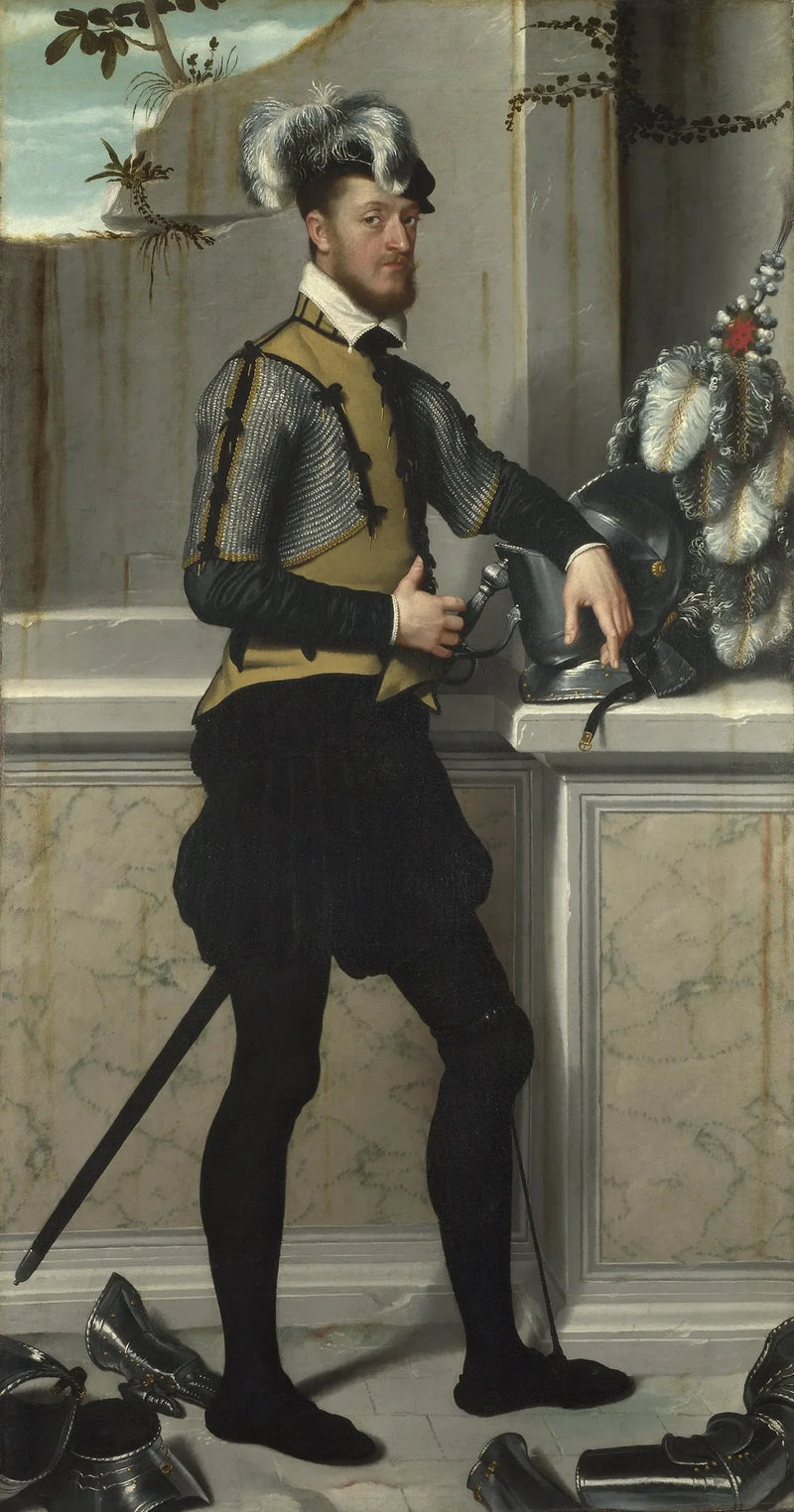 Ein Ritter mit seinem Turnierhelm (Graf Faustino Avogardo (?)) - Giovanni Battista Moroni