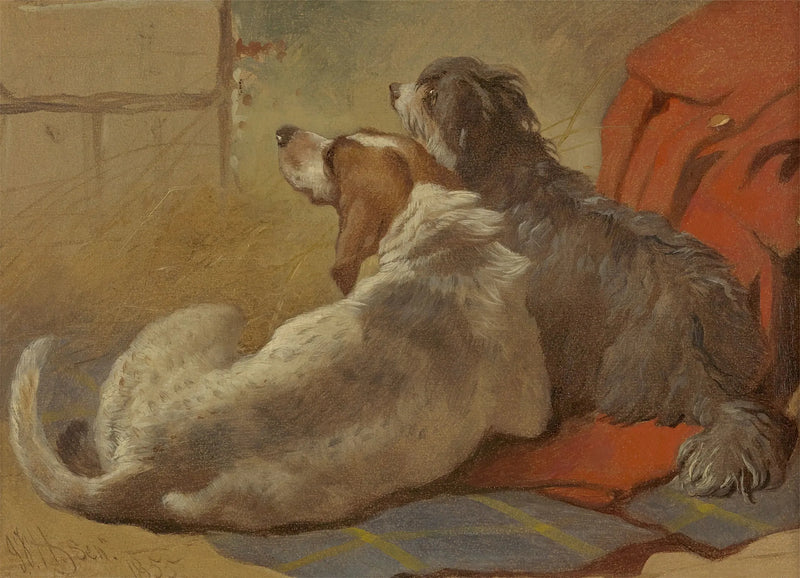 Ein Jagdhund und ein Barbet sitzen auf einem Jagdmantel - John Frederick Herring, Sr.