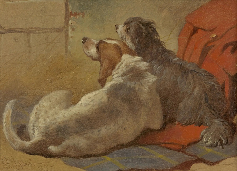 Ein Jagdhund und ein Barbet sitzen auf einem Jagdmantel - John Frederick Herring, Sr.