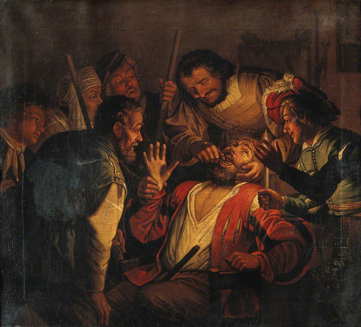 Un chirurgien extrayant une dent - Gerrit van Honthorst image 1 reproduction de peinture à l’huile