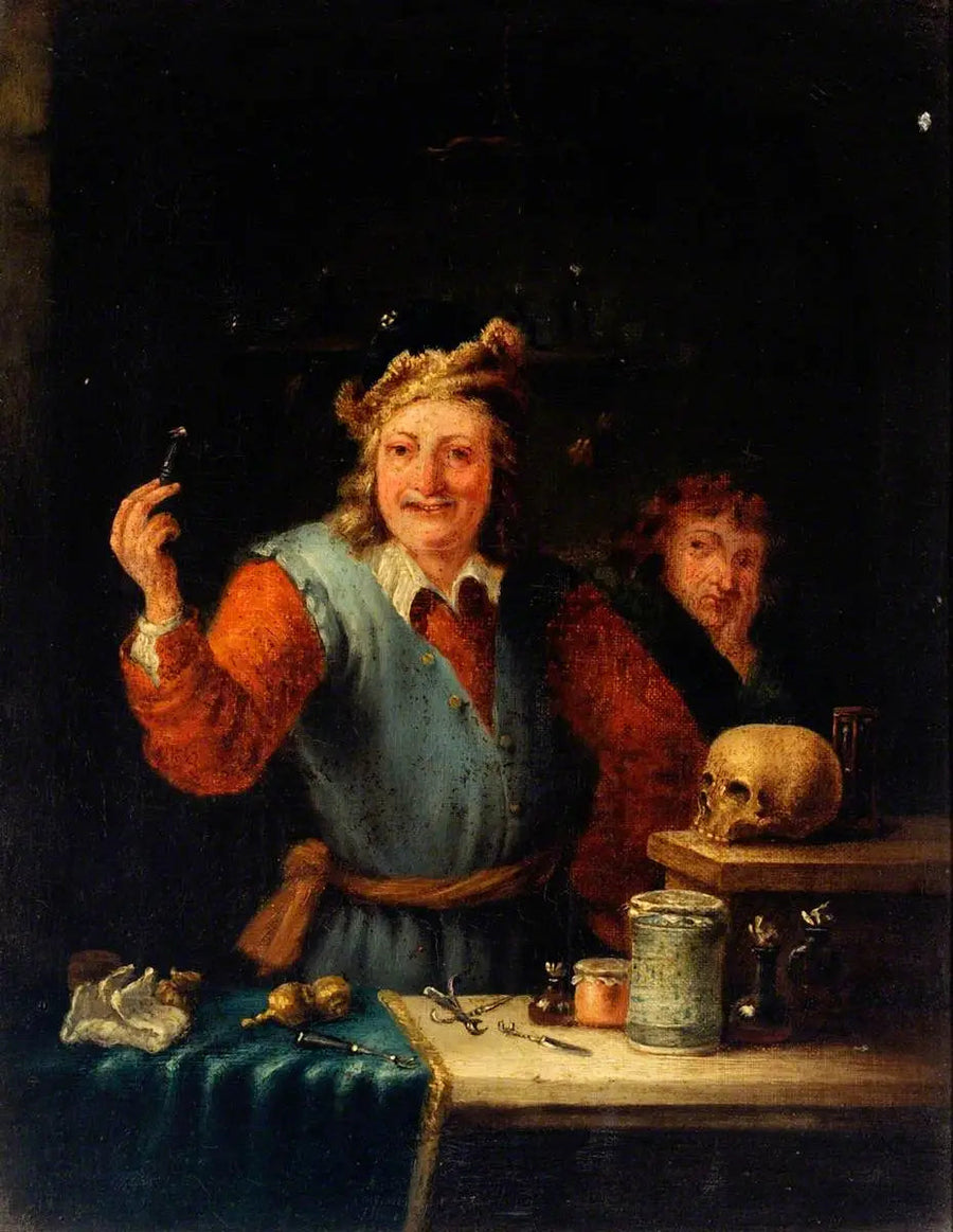 Ein Chirurg zeigt einen Zahn, den er extrahiert hat - David Teniers der Jüngere