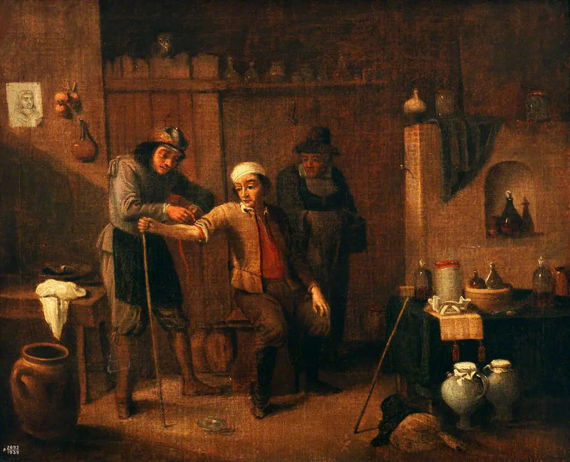 Ein Chirurg, der ein Tourniquet um den Arm eines Mannes bindet - David Teniers der Jüngere