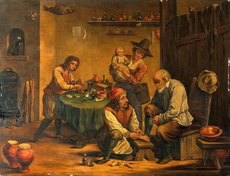Ein Chirurg, der den Fuß eines Mannes operiert - David Teniers der Jüngere