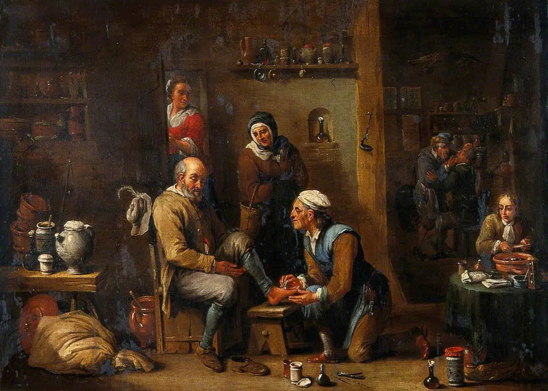 Ein Chirurg, der den Fuß eines Mannes behandelt - David Teniers der Jüngere