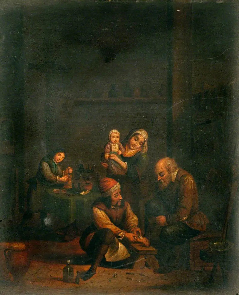 Ein Chirurg, der den Fuß eines Mannes behandelt, und drei weitere Figuren - David Teniers der Jüngere