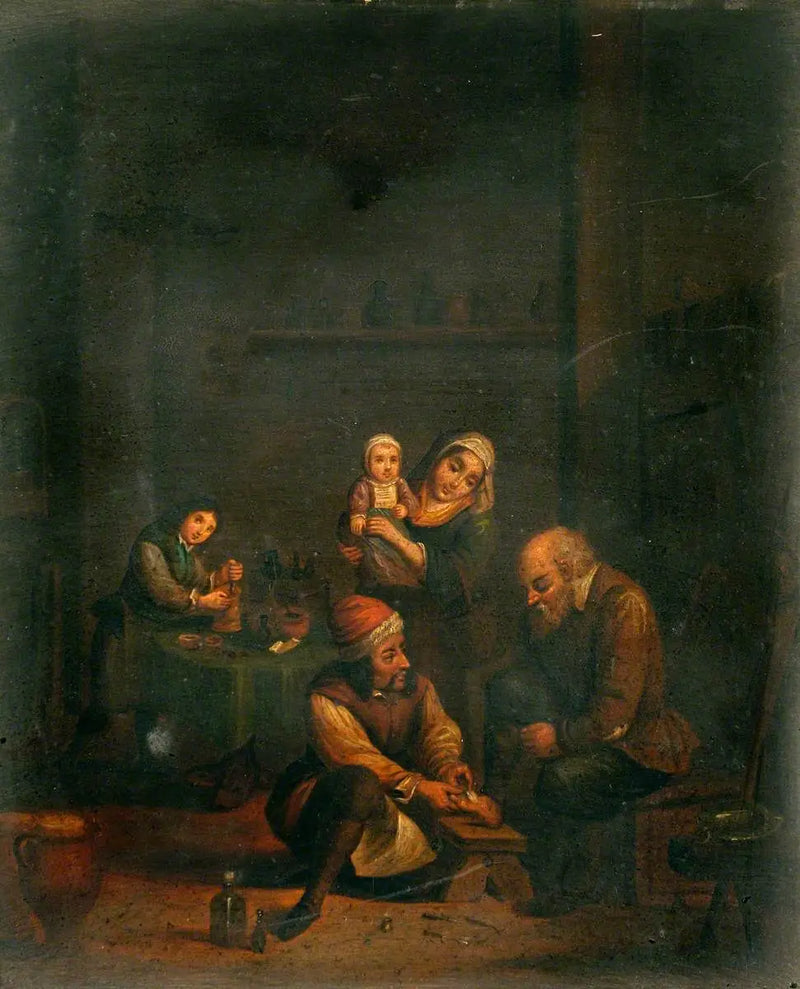 Ein Chirurg, der den Fuß eines Mannes behandelt, und drei weitere Figuren - David Teniers der Jüngere