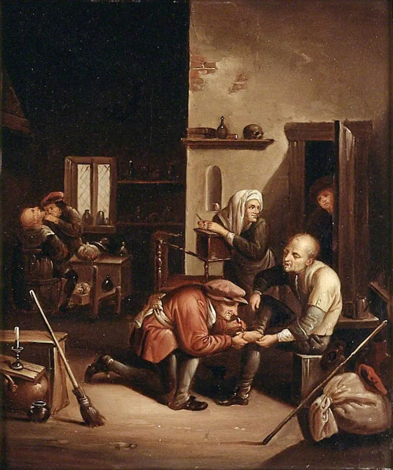 Ein Chirurg, der den Fuß eines Patienten behandelt, und ein Barbier, der einen Mann rasiert - David Teniers der Jüngere