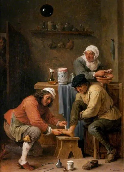 Ein Chirurg, der den Fuß eines Bauern behandelt - David Teniers der Jüngere