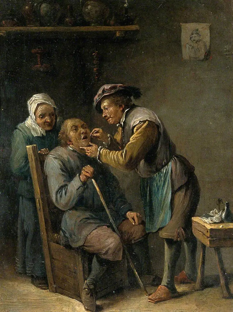 Ein Chirurg, der die Zähne eines sitzenden Mannes behandelt - David Teniers der Jüngere