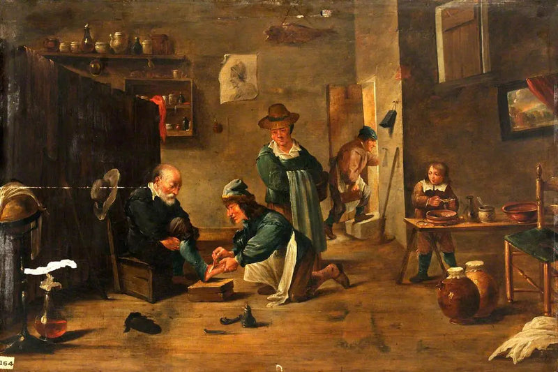 Ein Chirurg behandelt den Fuß eines Mannes mit einem Gips - David Teniers der Jüngere