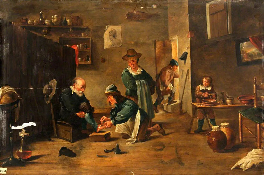 Ein Chirurg behandelt den Fuß eines Mannes mit einem Gips - David Teniers der Jüngere