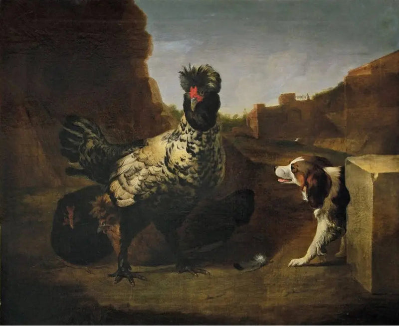 Ein Hahn mit Hühnern und einem Hund - Melchior de Hondecoeter