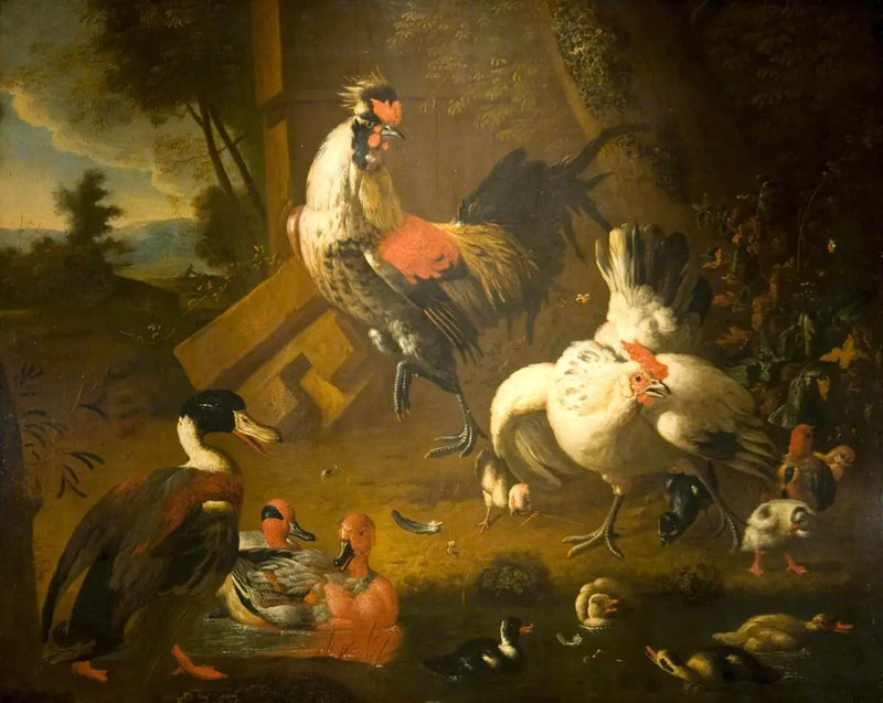 Ein Hahn mit einer Henne und drei Enten - Melchior de Hondecoeter