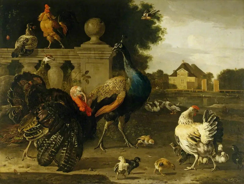 Ein Truthahn und andere Vögel in einem Garten - Melchior de Hondecoeter