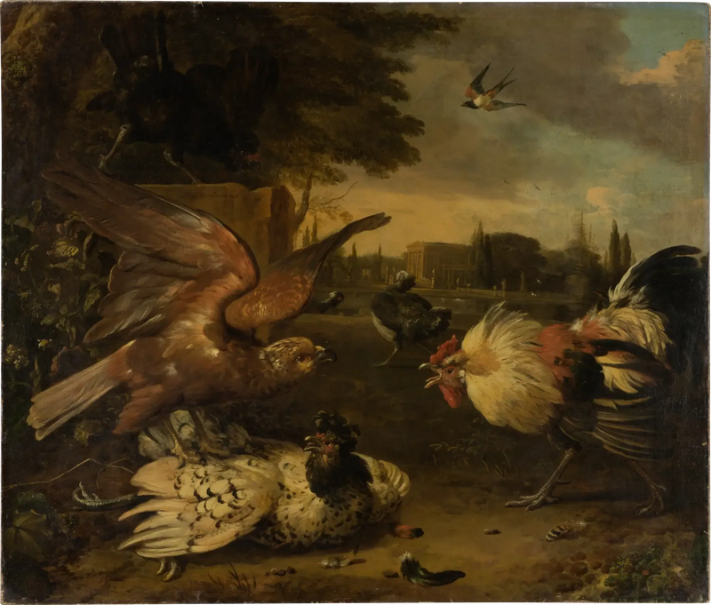Ein Hahn verteidigt eine Henne gegen einen Raubvogel, der sie angreift - Melchior de Hondecoeter