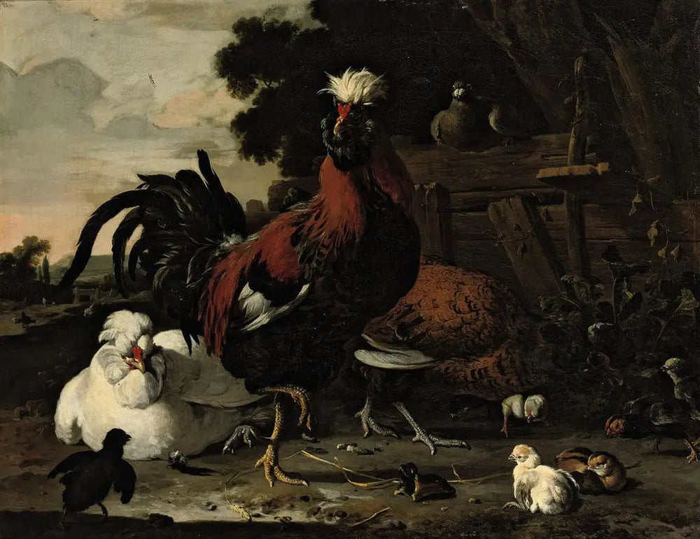 Un coq, des poules, des poussins et un pigeon près d'une palissade de bois dans un paysage - Melchior de Hondecoeter image 1 reproduction artisanale de tableau