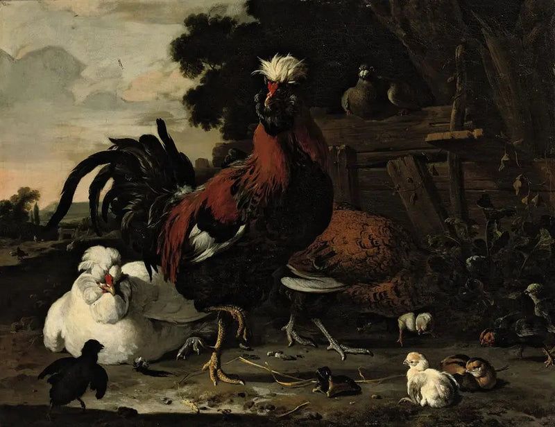 Ein Hahn, Hühner, Küken und eine Taube in der Nähe eines Holzzauns in einer Landschaft - Melchior de Hondecoeter