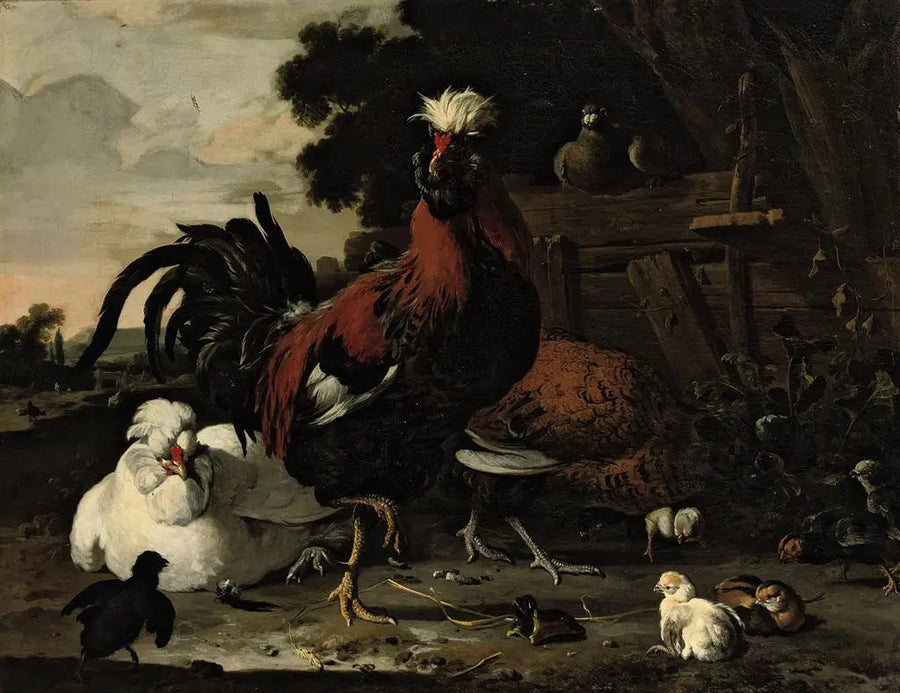 Ein Hahn, Hühner, Küken und eine Taube in der Nähe eines Holzzauns in einer Landschaft - Melchior de Hondecoeter