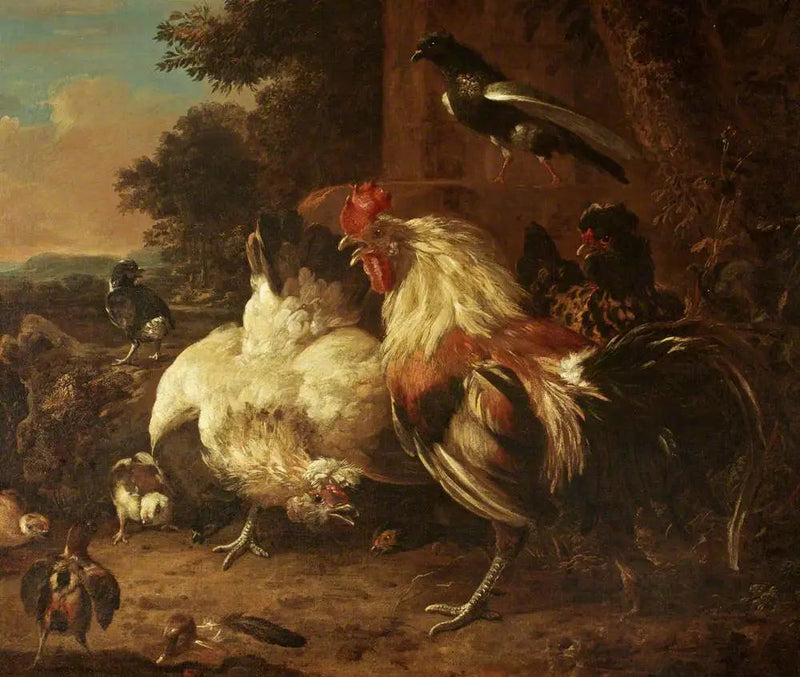Ein Hahn und zwei Hühner mit Küken in einer Landschaft - Melchior de Hondecoeter