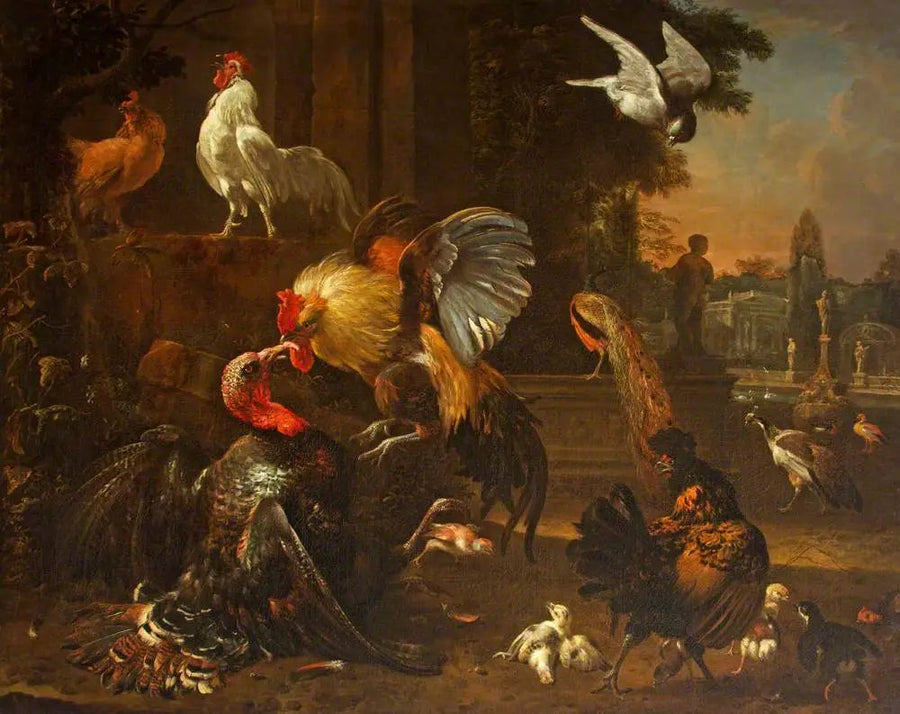 Ein Hahn und eine Truthenne kämpfen in einem Park mit anderem Geflügel - Melchior de Hondecoeter