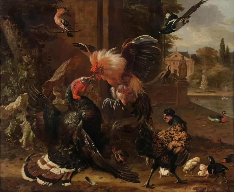 Ein Hahn und eine Truthenne kämpfen - Melchior de Hondecoeter