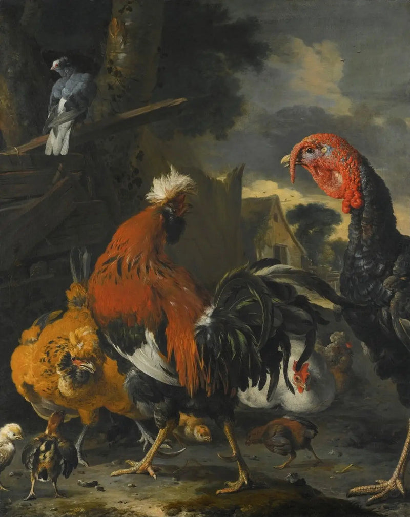 Ein Hahn, eine Truthenne, Hühner und Küken auf einem Bauernhof - Melchior de Hondecoeter