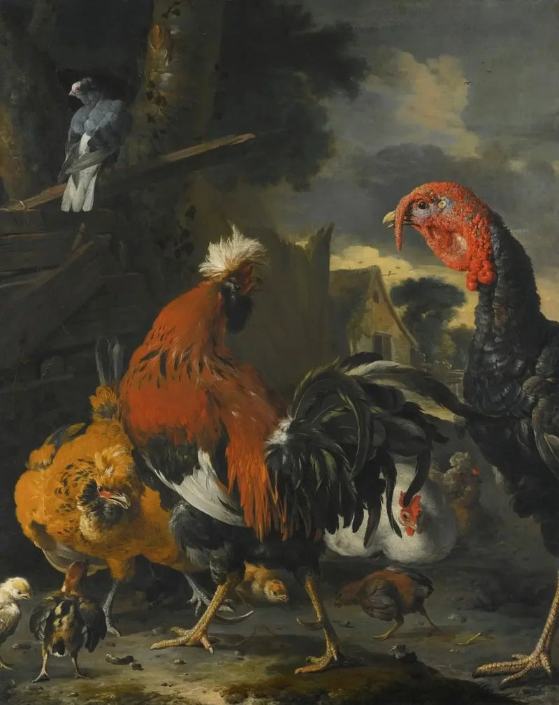 Ein Hahn, eine Truthenne, Hühner und Küken auf einem Bauernhof - Melchior de Hondecoeter