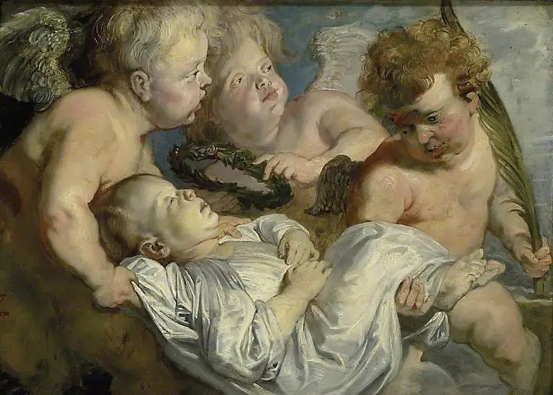 Ein totes Kind, das von Engeln in den Himmel getragen wird - Peter Paul Rubens