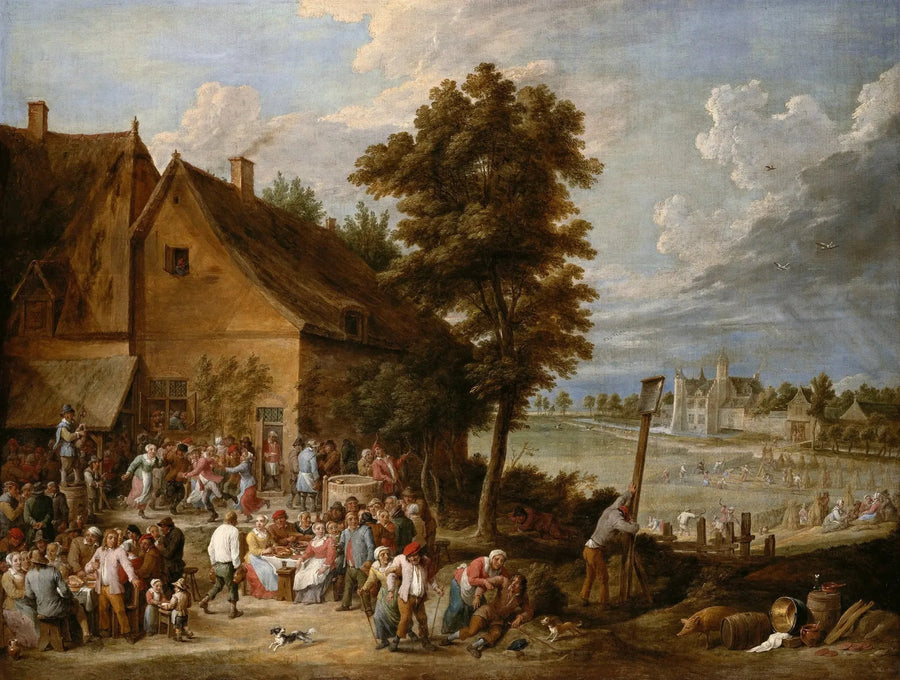Ein Festmahl in der Erntezeit, mit dem Haus von Drij Toren im Hintergrund - David Teniers der Jüngere