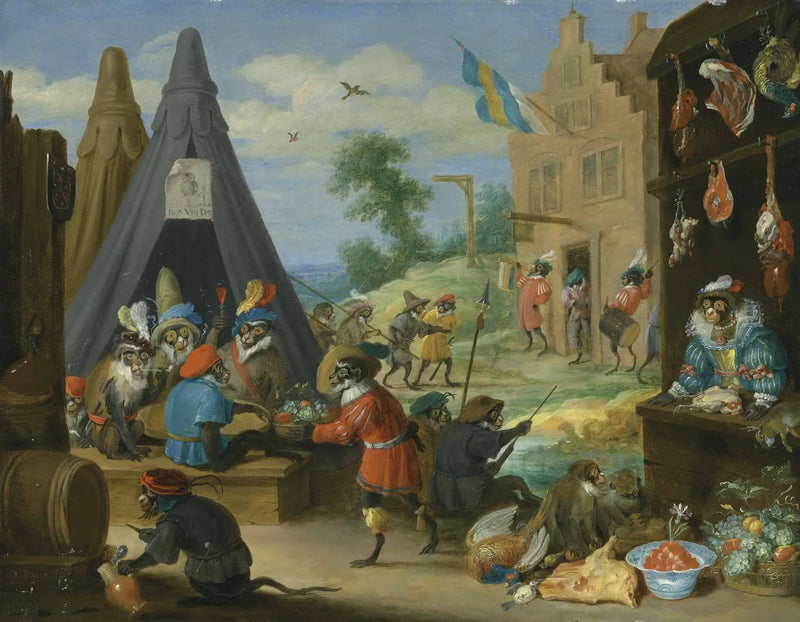 Ein Affenfestival (Affen verkleidet als Soldaten in einem Lager in der Nähe einer Stadt) - David Teniers der Jüngere