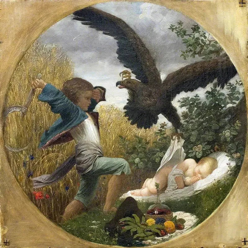 Ein Junge verteidigt ein Baby gegen einen Adler - Frederic Leighton
