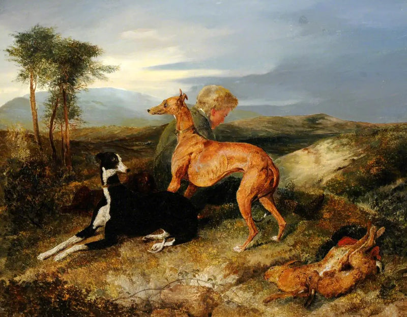 Ein Junge und zwei Windhunde in Ruhe - Edwin Henry Landseer