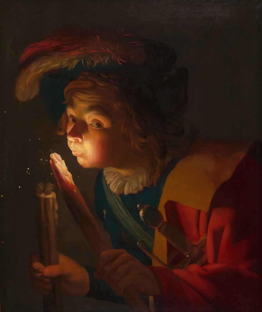 Ein Junge, der auf eine Glut bläst - Gerrit van Honthorst