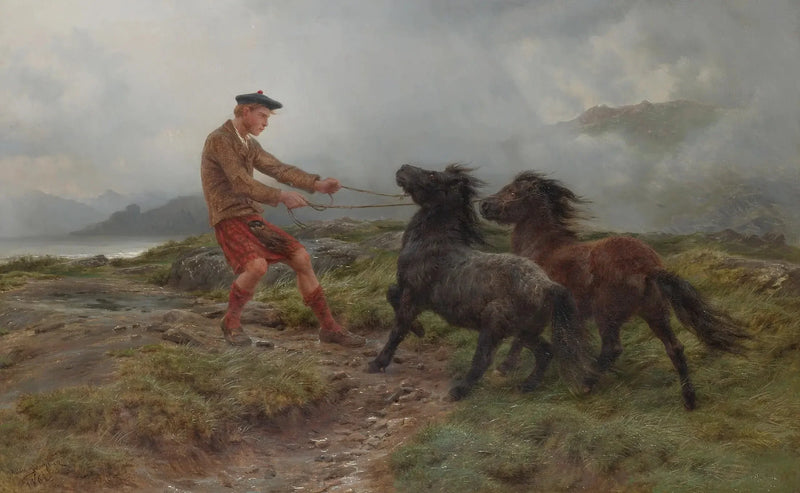 Ein Ghillie und zwei Shetland-Ponys in einer nebligen Landschaft - Rosa Bonheur
