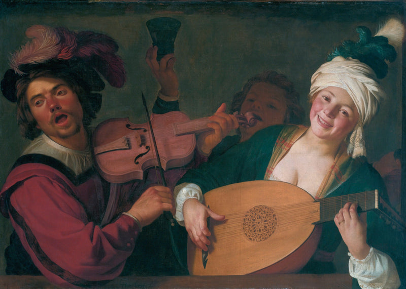 Eine fröhliche Gruppe hinter einem Geländer mit einem Violon und einem Lautenspieler - Gerrit van Honthorst