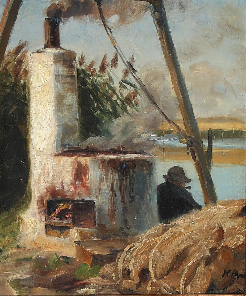 Ein Mann sitzt vor dem rauchenden Ofen. - H. A. Brendekilde