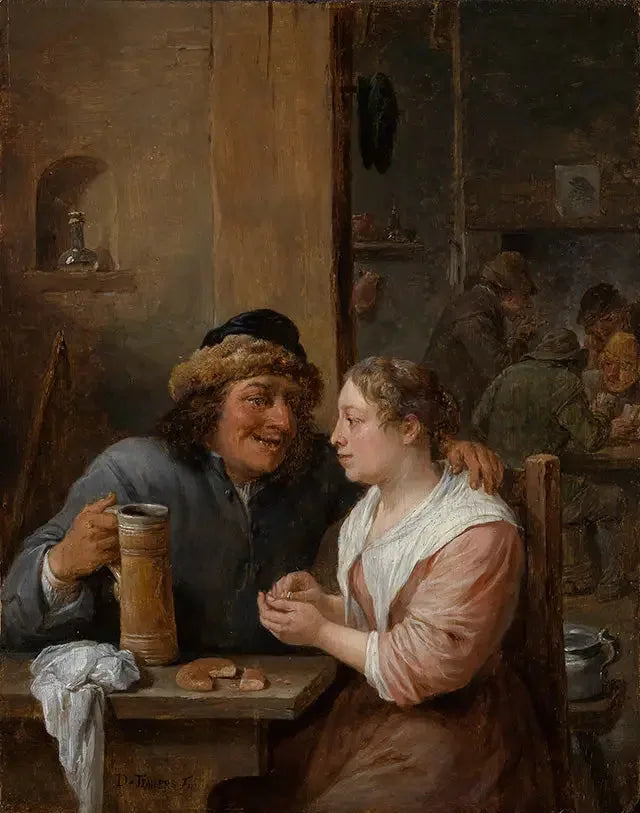Ein Mann mit einem Bierkrug und eine junge Frau in einer Taverne - David Teniers der Jüngere