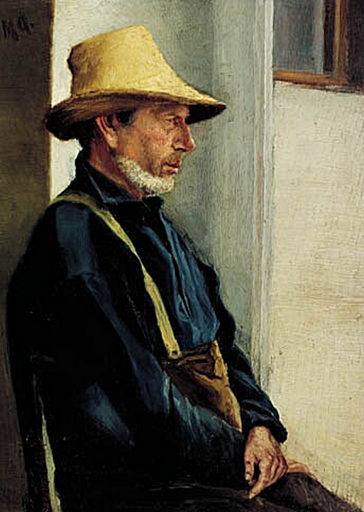 Un homme de Skagen, vêtu d'une chemise bleue et portant un chapeau jaune. - Michael Peter Ancher image 1 reproduction d’œuvre d’art à l’huile