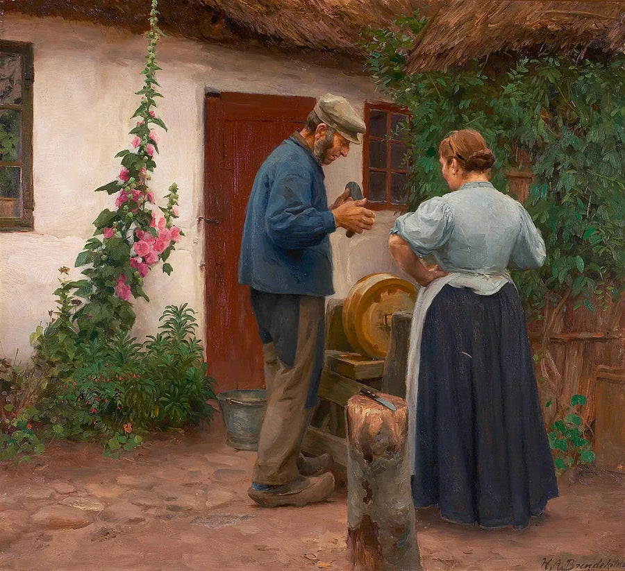 Ein Mann und eine Frau vor einem Wetzstein. - H. A. Brendekilde