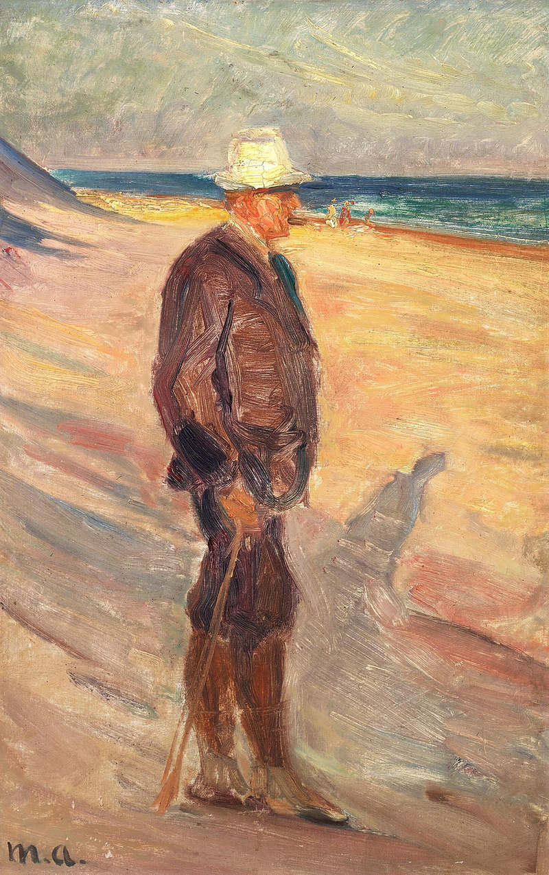 Ein Mann mit weißem Hut und Gehstock am Strand von Skagen. – Michael Peter Ancher