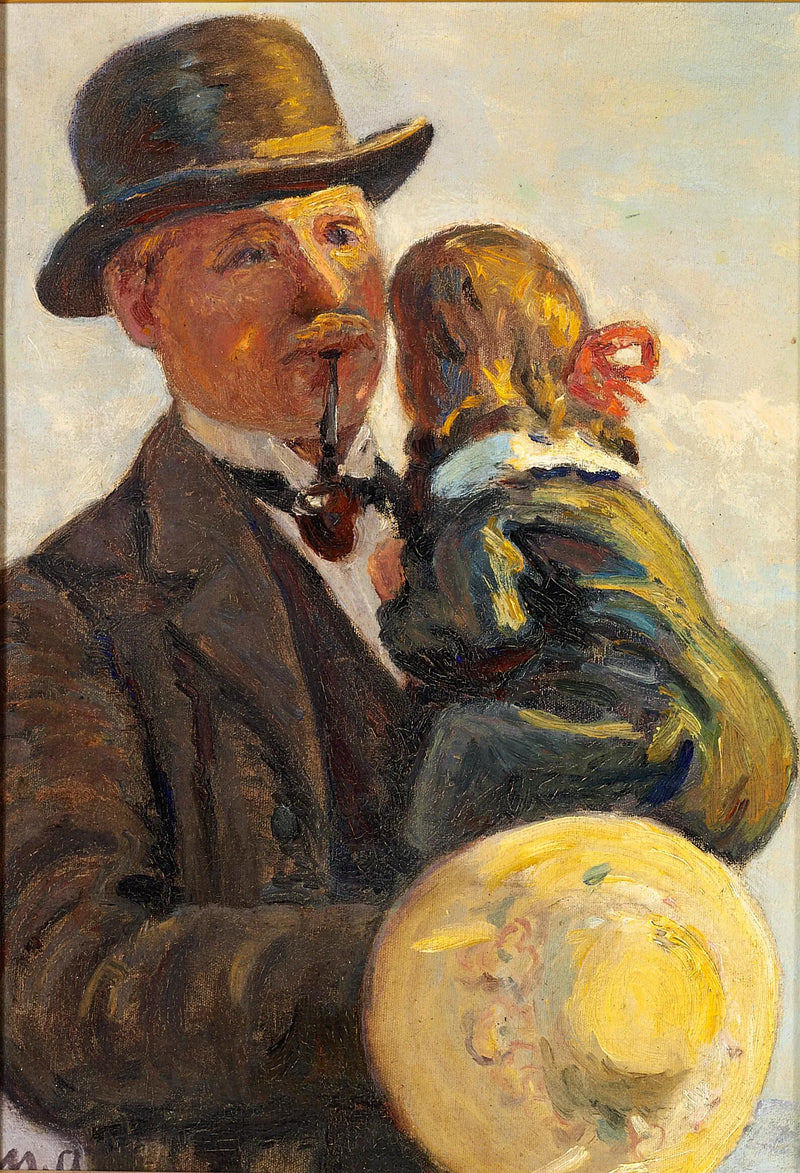 Ein Mann, der ein Kind trägt und Pfeife raucht. – Michael Peter Ancher