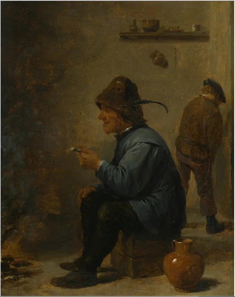 Ein Mann, der eine Pfeife hält, sitzt vor einem Feuer in einer Taverne, ein Mann, der in eine Ecke uriniert - David Teniers der Jüngere