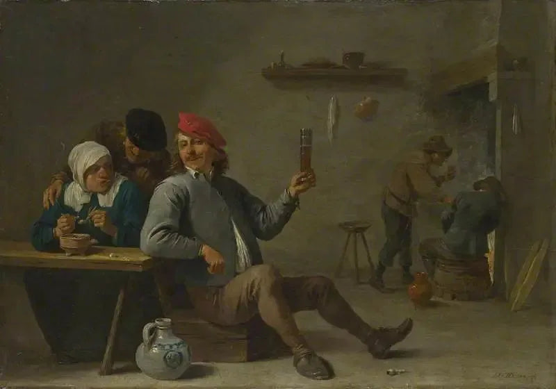 Ein Mann, der ein Glas hält, und eine alte Frau, die eine Pfeife anzündet - David Teniers der Jüngere