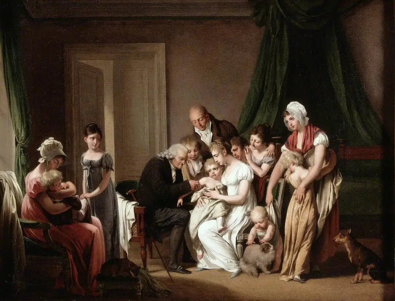 Ein Mann impft ein junges Kind, das von seiner Mutter gehalten wird, unter den Blicken anderer Familienmitglieder - Louis-Léopold Boilly