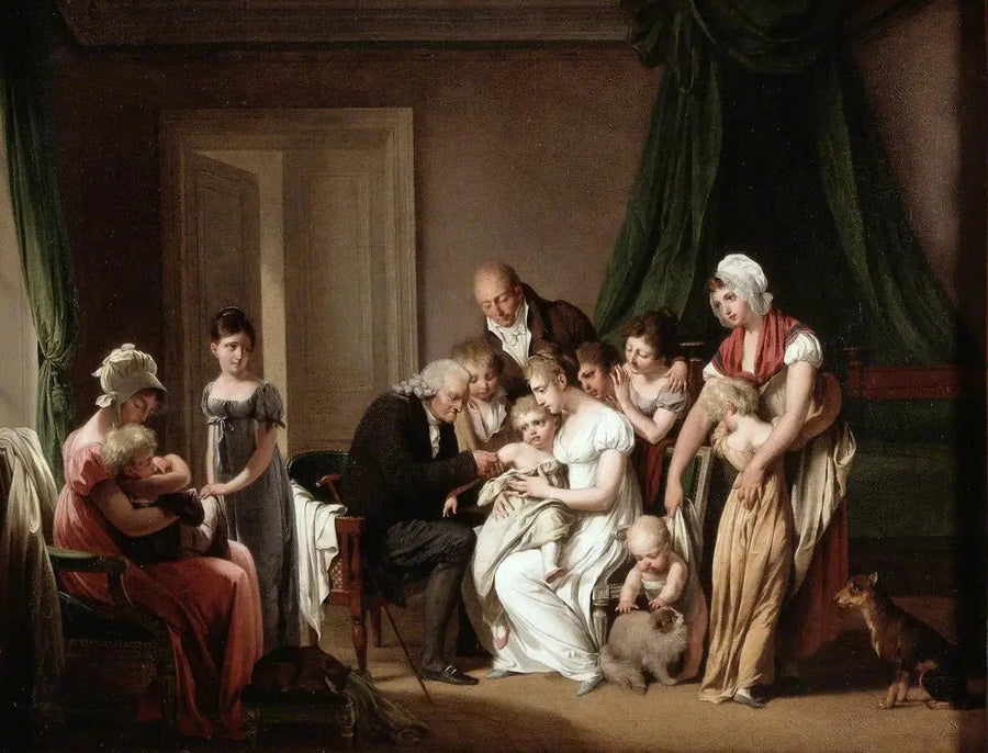 Ein Mann impft ein junges Kind, das von seiner Mutter gehalten wird, unter den Blicken anderer Familienmitglieder - Louis-Léopold Boilly
