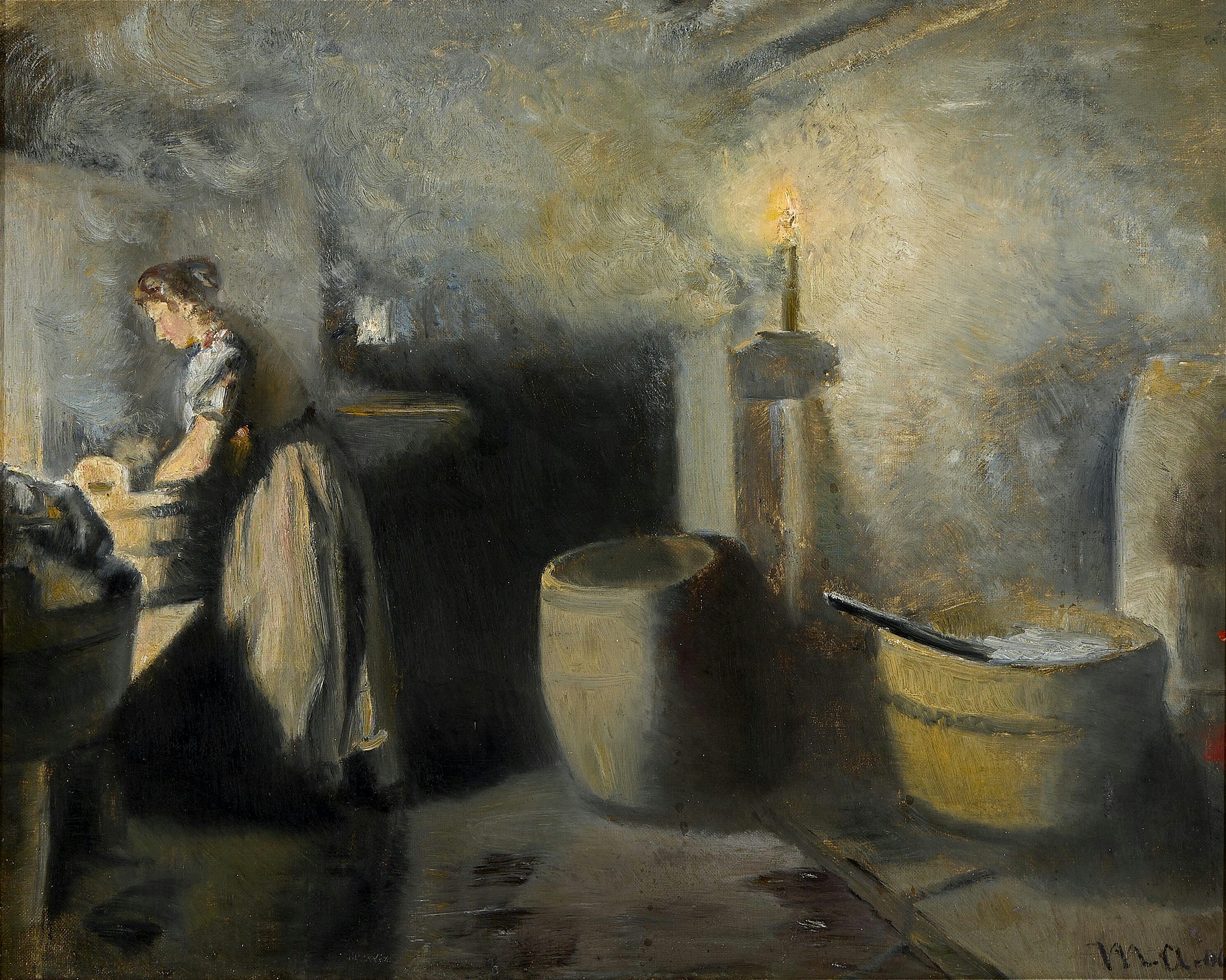 Un intérieur avec une femme lavant du linge à la lueur des bougies. - Michael Peter Ancher image 1 reproduction réalisée par Alpha Reproduction