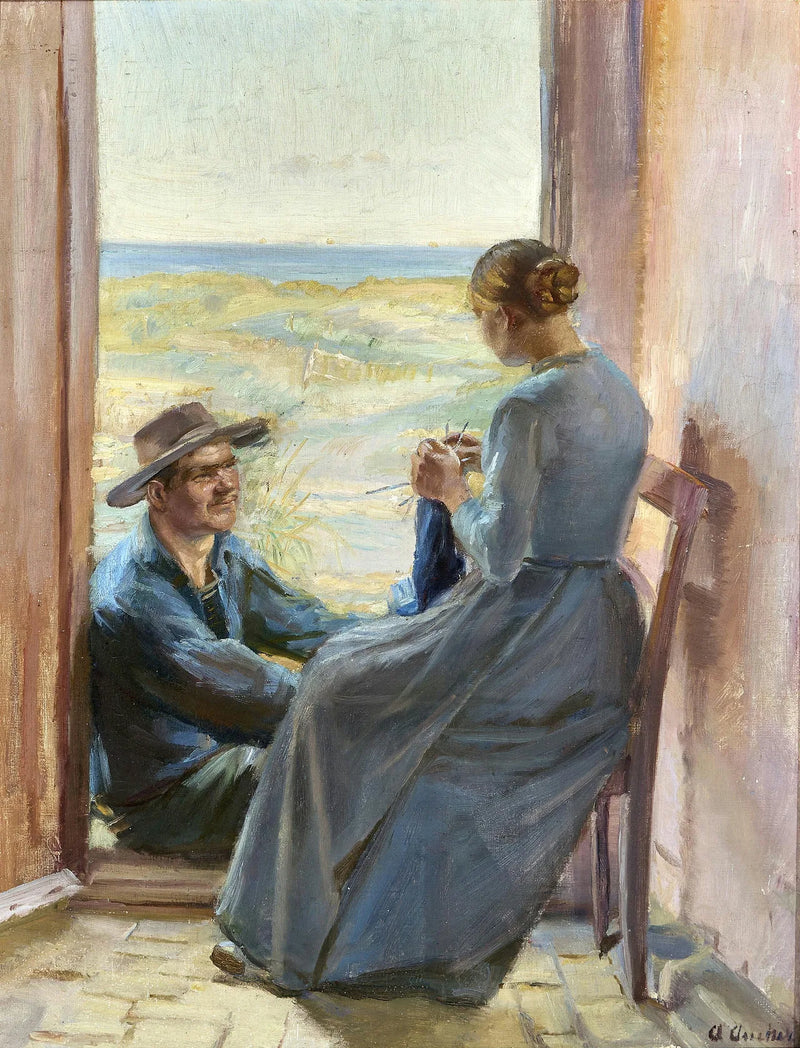 Ein junges Paar aus Skagen sitzt in einem Hauseingang mit Blick auf Strand und Meer. – Anna Ancher