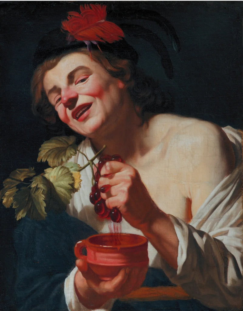 Ein junger Mann, der Trauben in eine Schale presst (eine Allegorie des Geschmacks?) - Gerrit van Honthorst