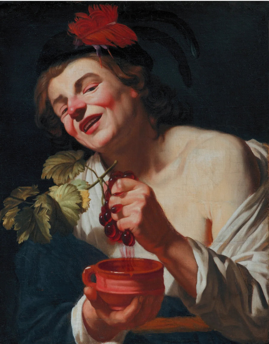 Ein junger Mann, der Trauben in eine Schale presst (eine Allegorie des Geschmacks?) - Gerrit van Honthorst
